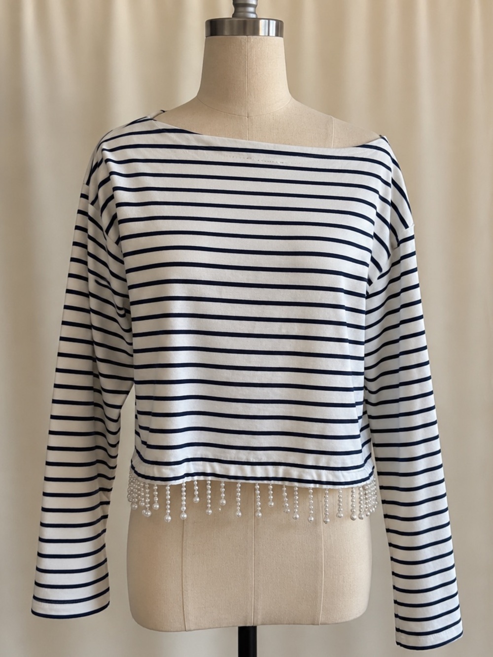 Women J. Crew Navy & White Striped Pearl Beaded-Hem Crop Top size M